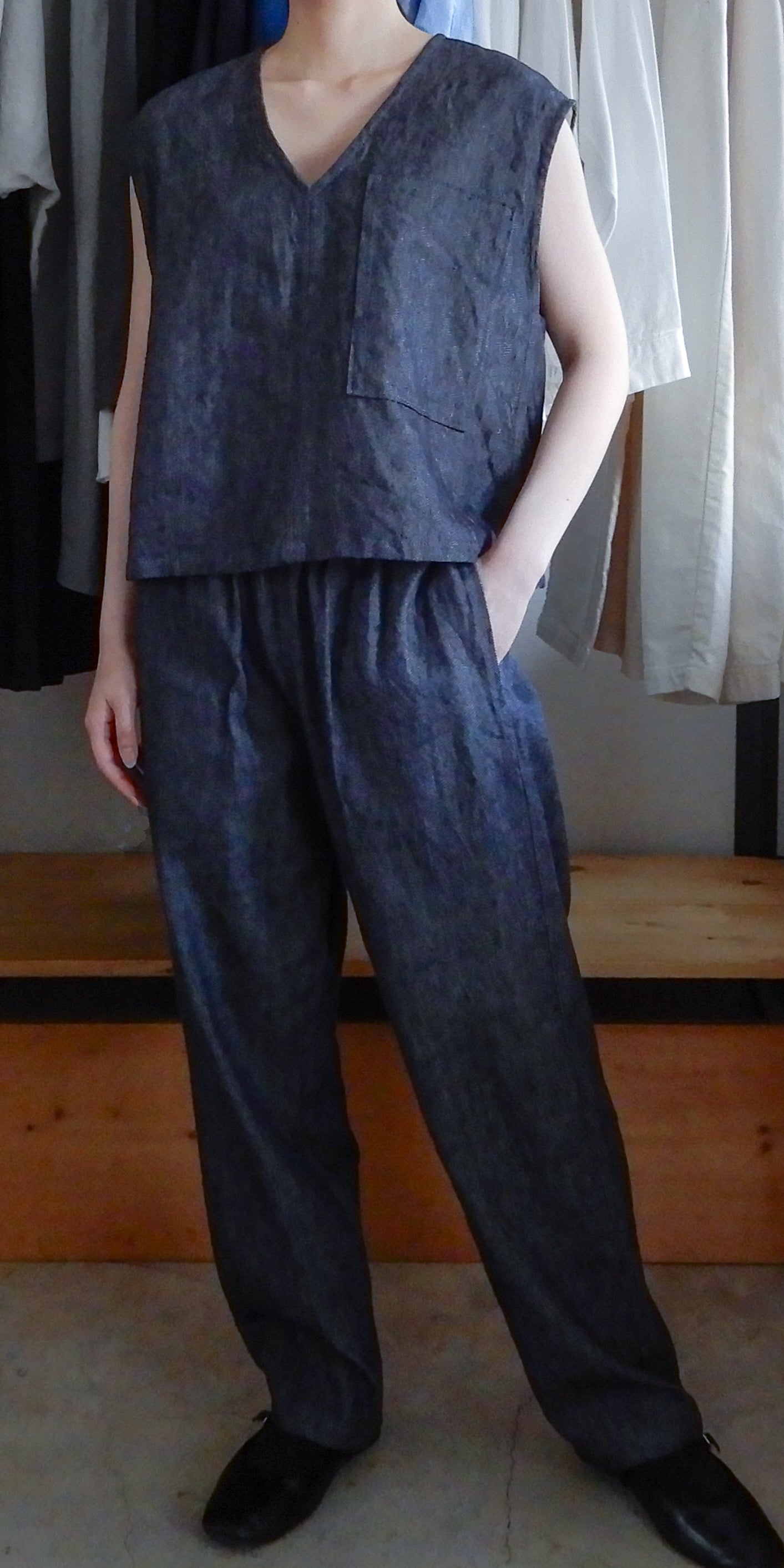 リネンコットンデニムワイドパンツ Indigo