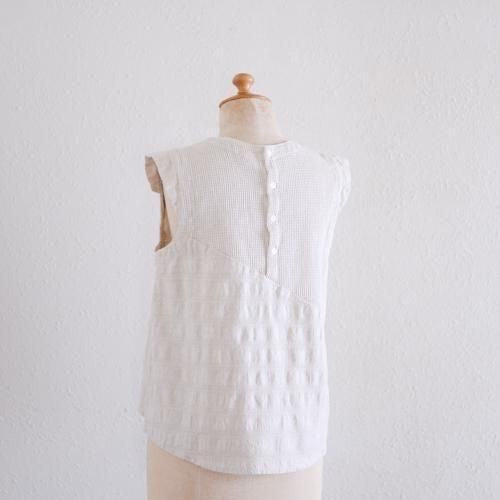 Cotton linen waffle sleeve shirt, off-white