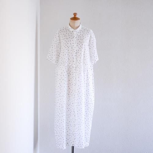 Cotton linen polka dot dress, off white x brown