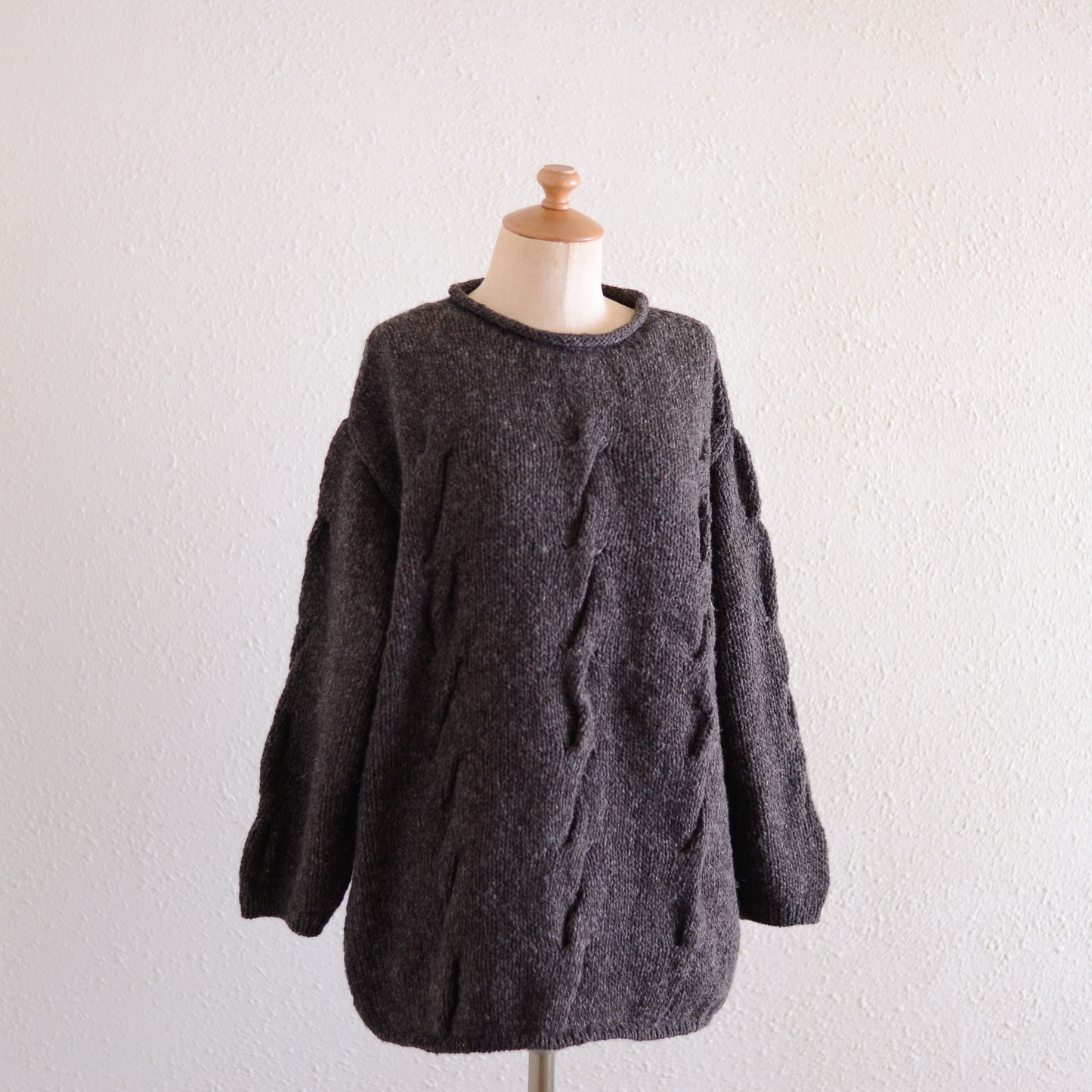 Hand-knitted wool cable sweater, Brown
