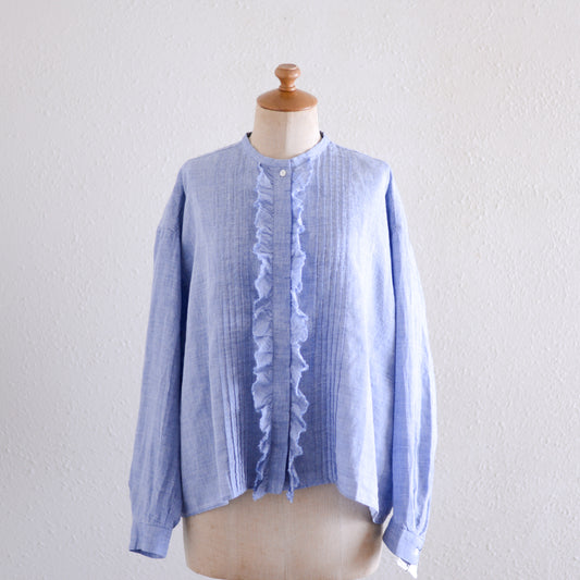 リネンラミータックフリルブラウス Blue