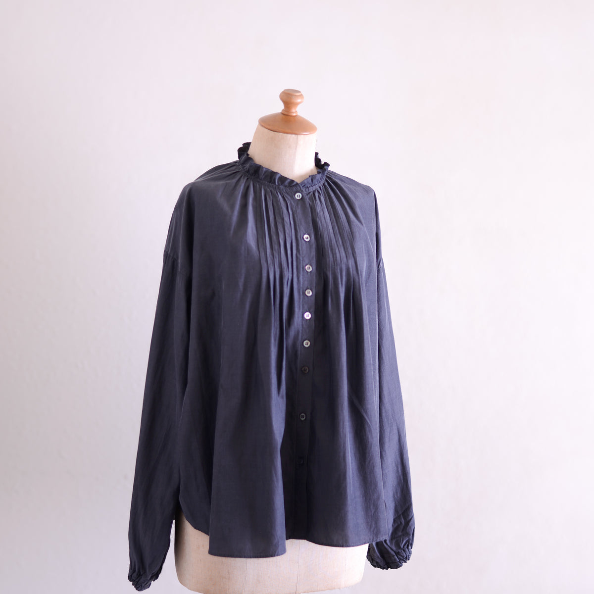 Cupra Cotton Stand-Collar Ruffle Blouse Charcoal Grey