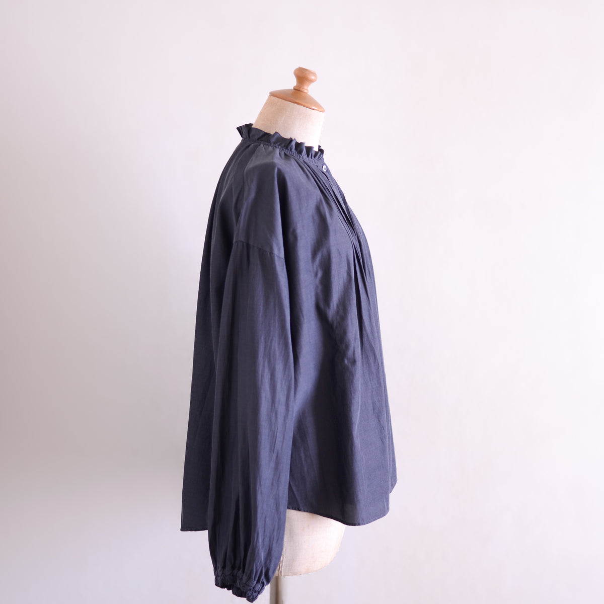 Cupra Cotton Stand-Collar Ruffle Blouse Charcoal Grey