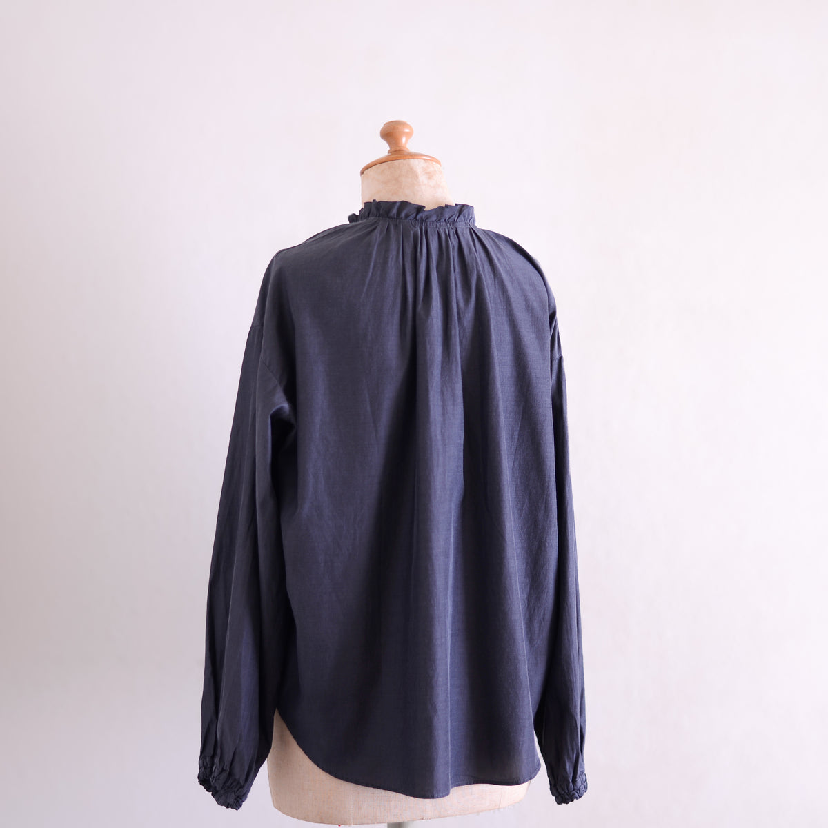 Cupra Cotton Stand-Collar Ruffle Blouse Charcoal Grey