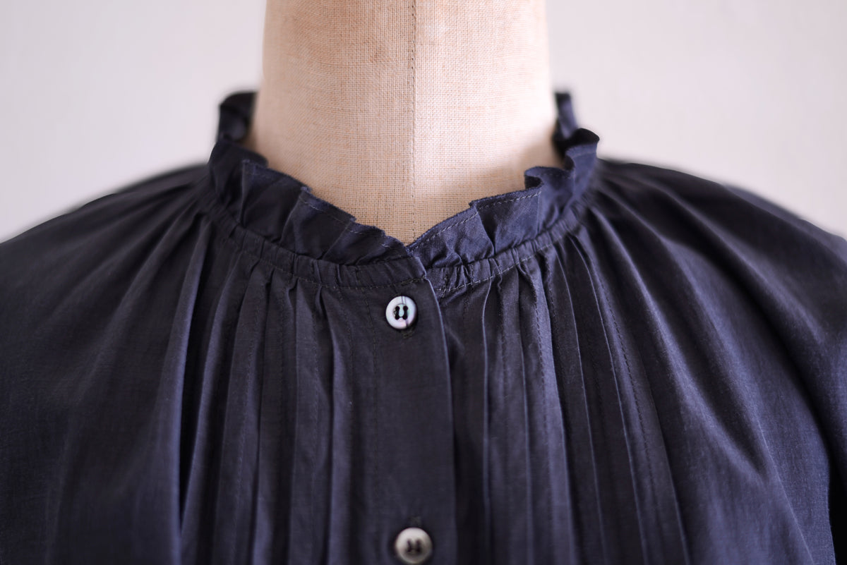 Cupra Cotton Stand-Collar Ruffle Blouse Charcoal Grey