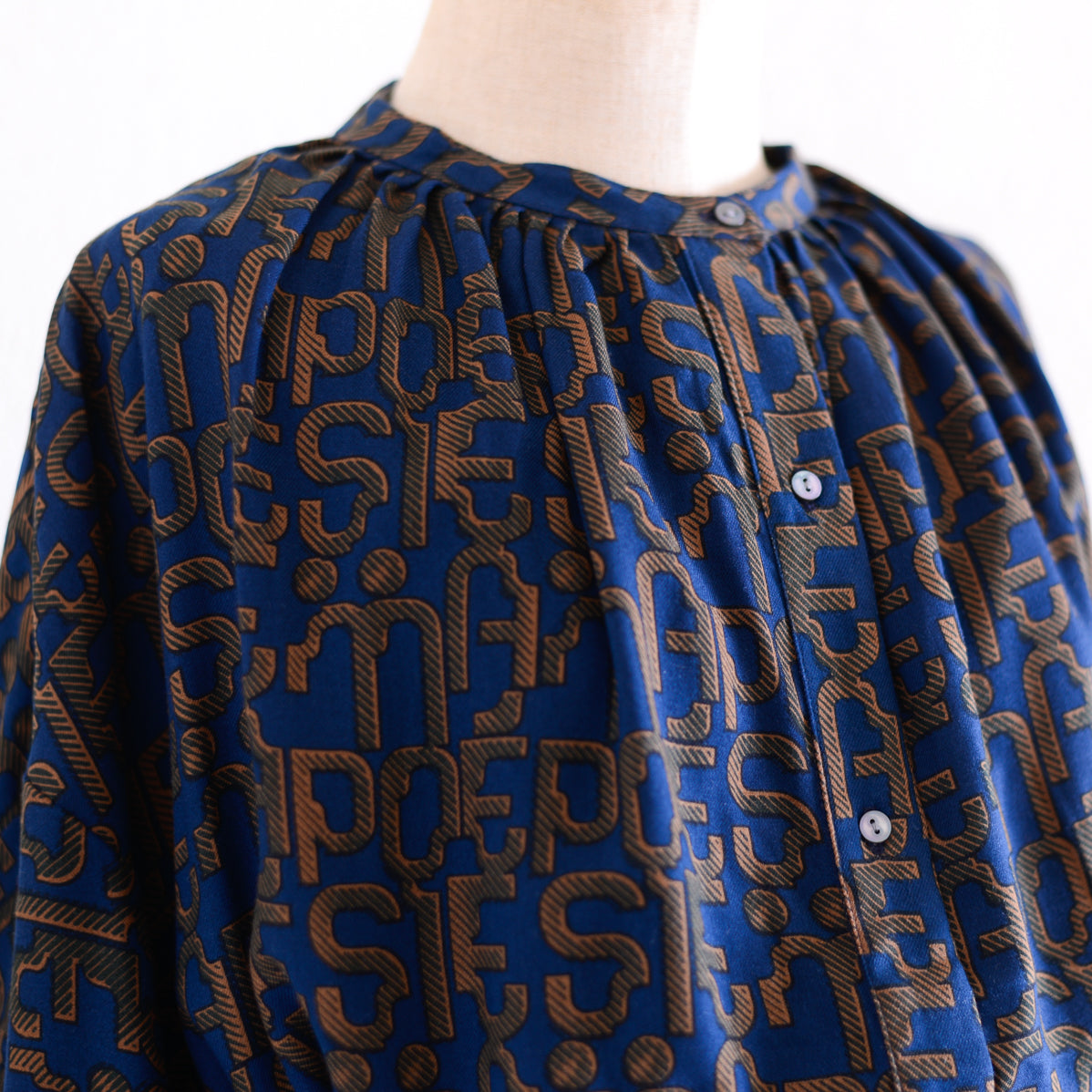 Viscose Text Print Dress Navy x Brown