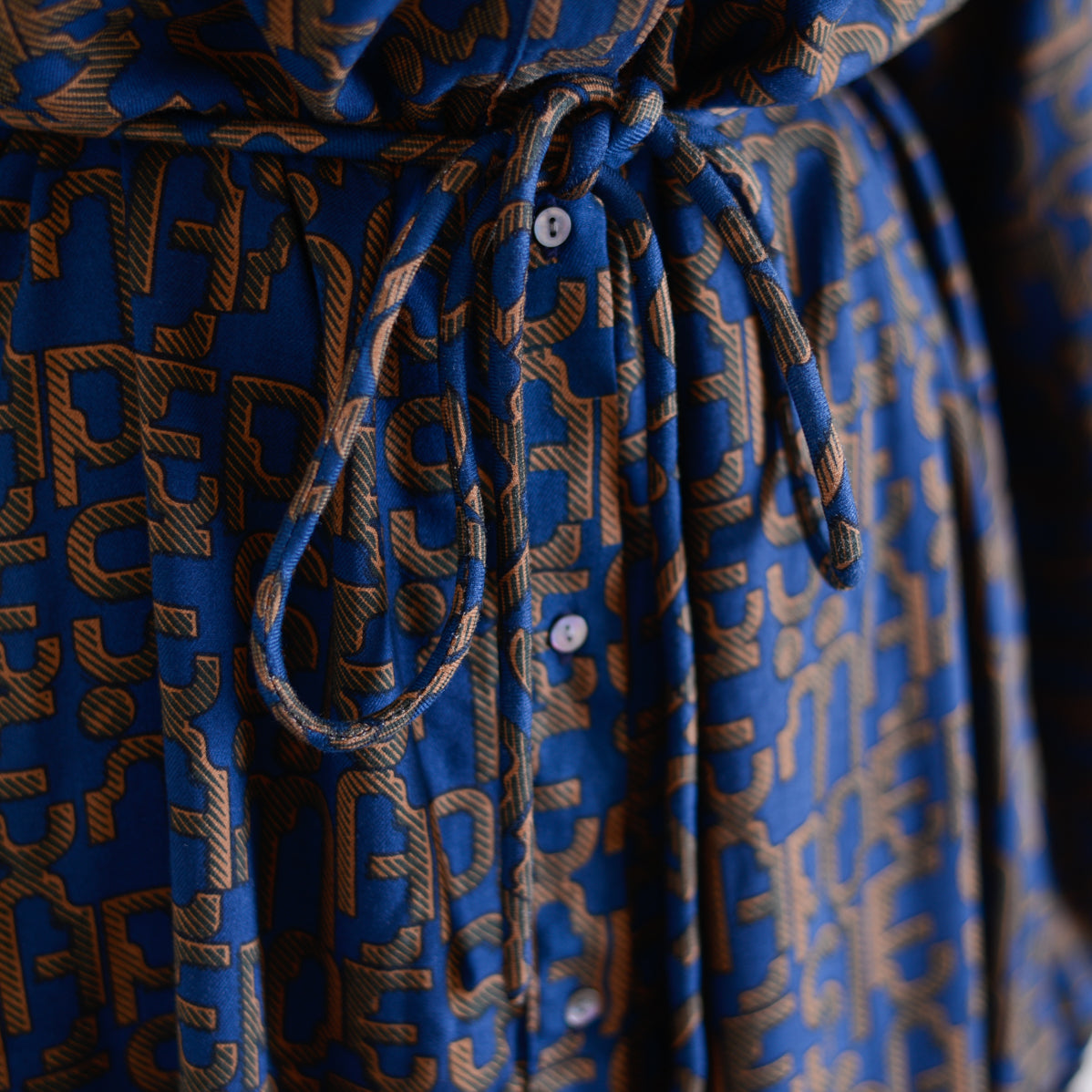 Viscose Text Print Dress Navy x Brown