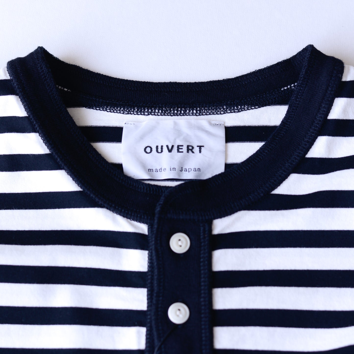 Cotton Striped Henley Neck Pullover Off White×Black