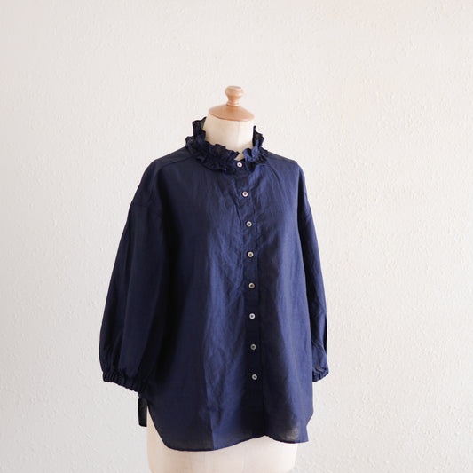 コットンリネンフリルカラー七分袖シャツ Navy