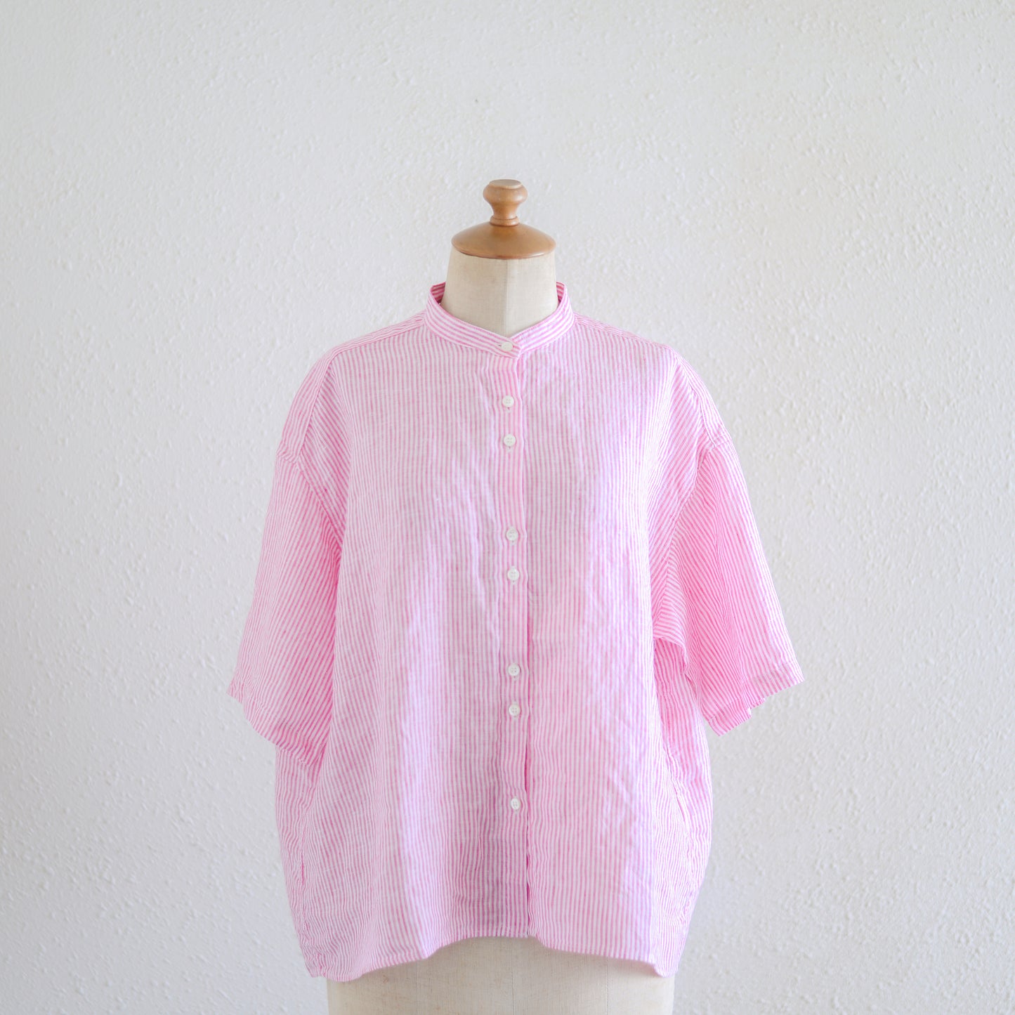 フレンチリネンストライプ半袖シャツ Off White × Pink