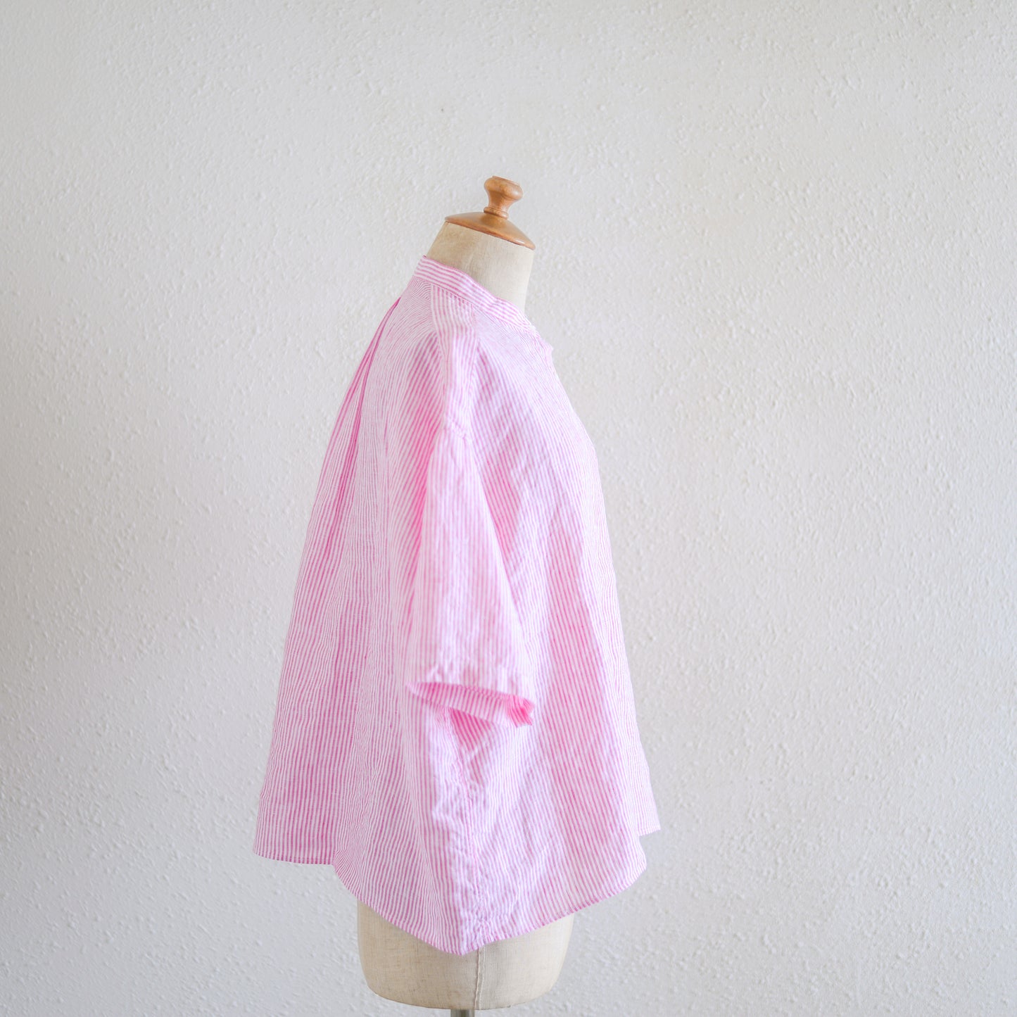 フレンチリネンストライプ半袖シャツ Off White × Pink