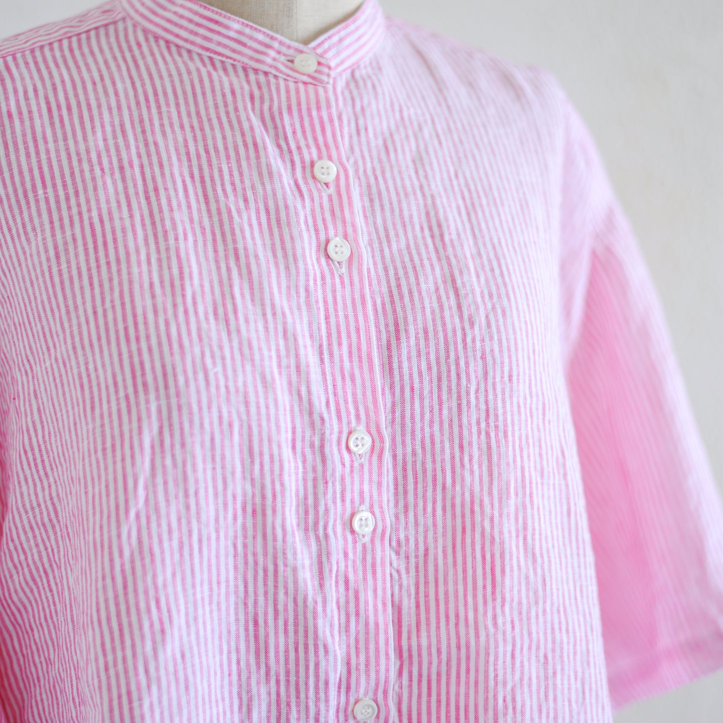フレンチリネンストライプ半袖シャツ Off White × Pink
