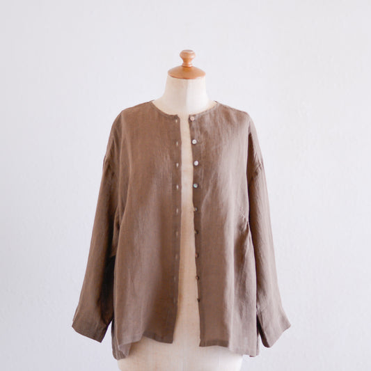リネンクルーネック七分袖カーディガン Brown