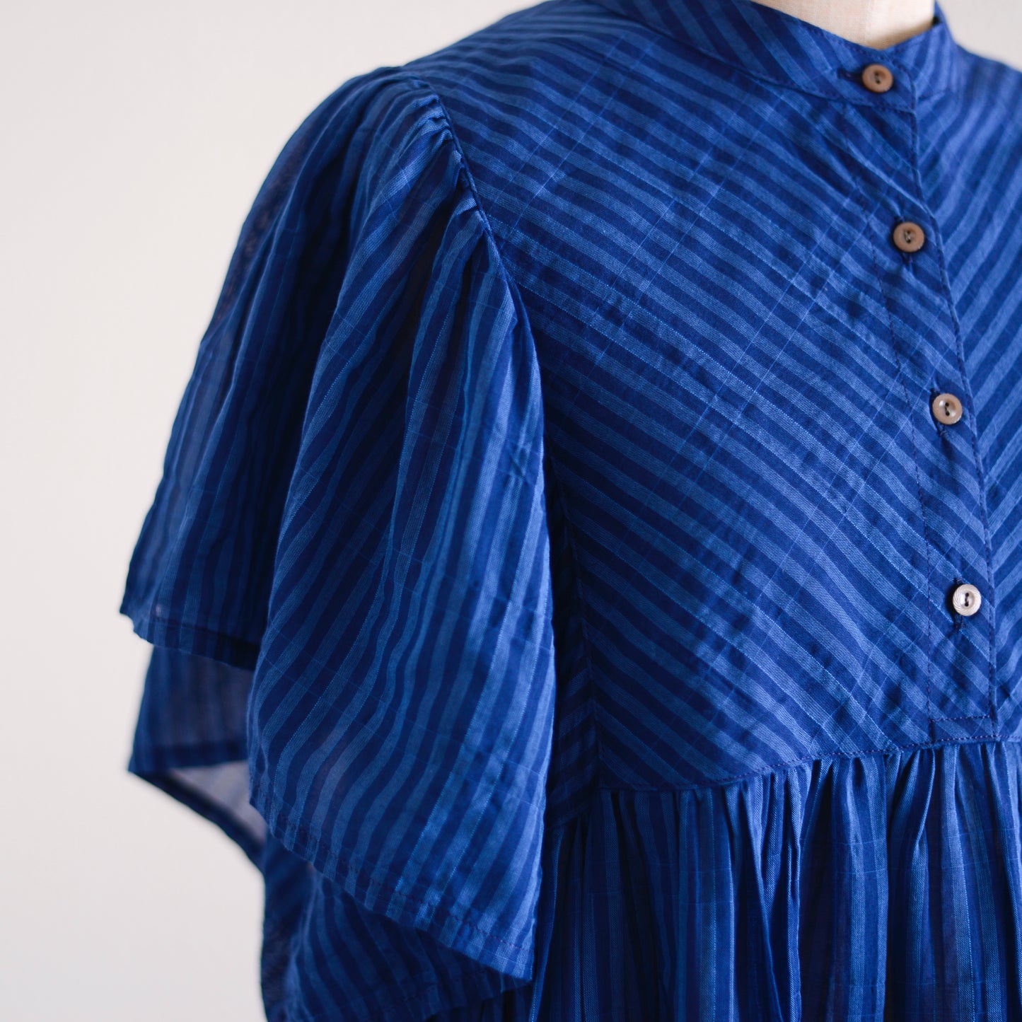 テンセルコットンストライプギャザーブラウス Navy ×Blue