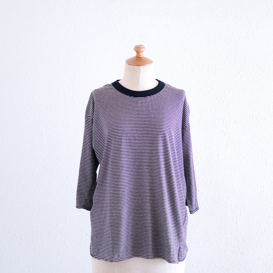 コットンリネン七分袖ボーダーTシャツ Black
