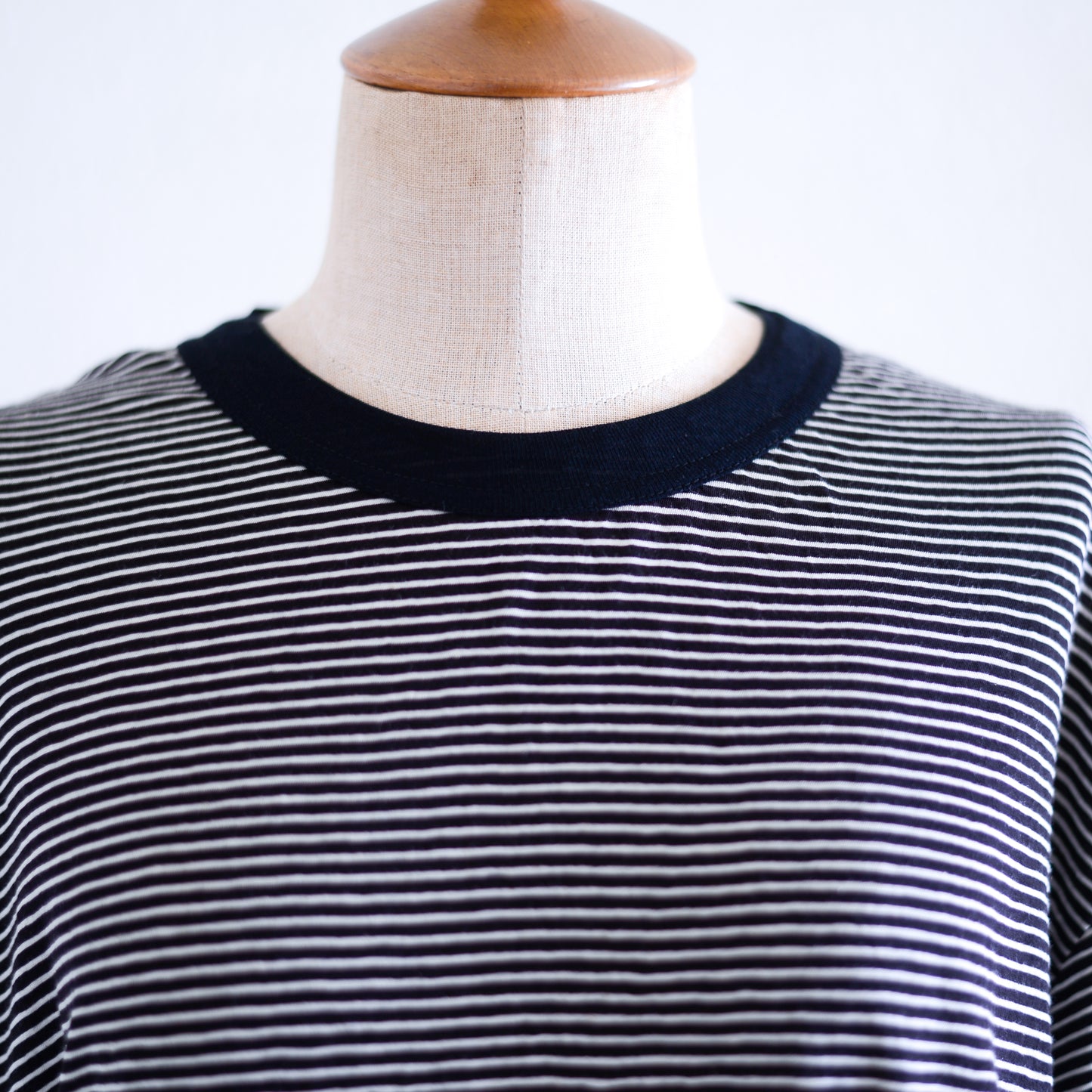 コットンリネン七分袖ボーダーTシャツ Black