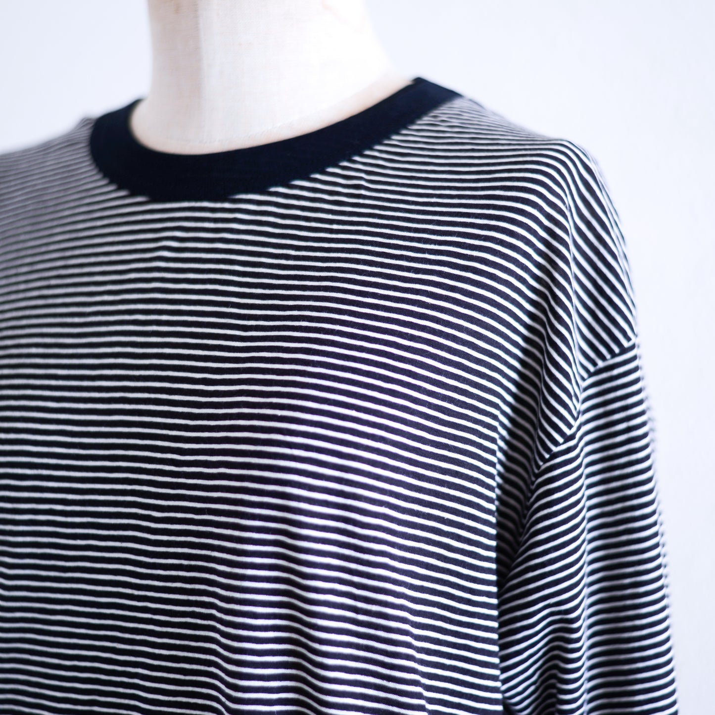 コットンリネン七分袖ボーダーTシャツ Black