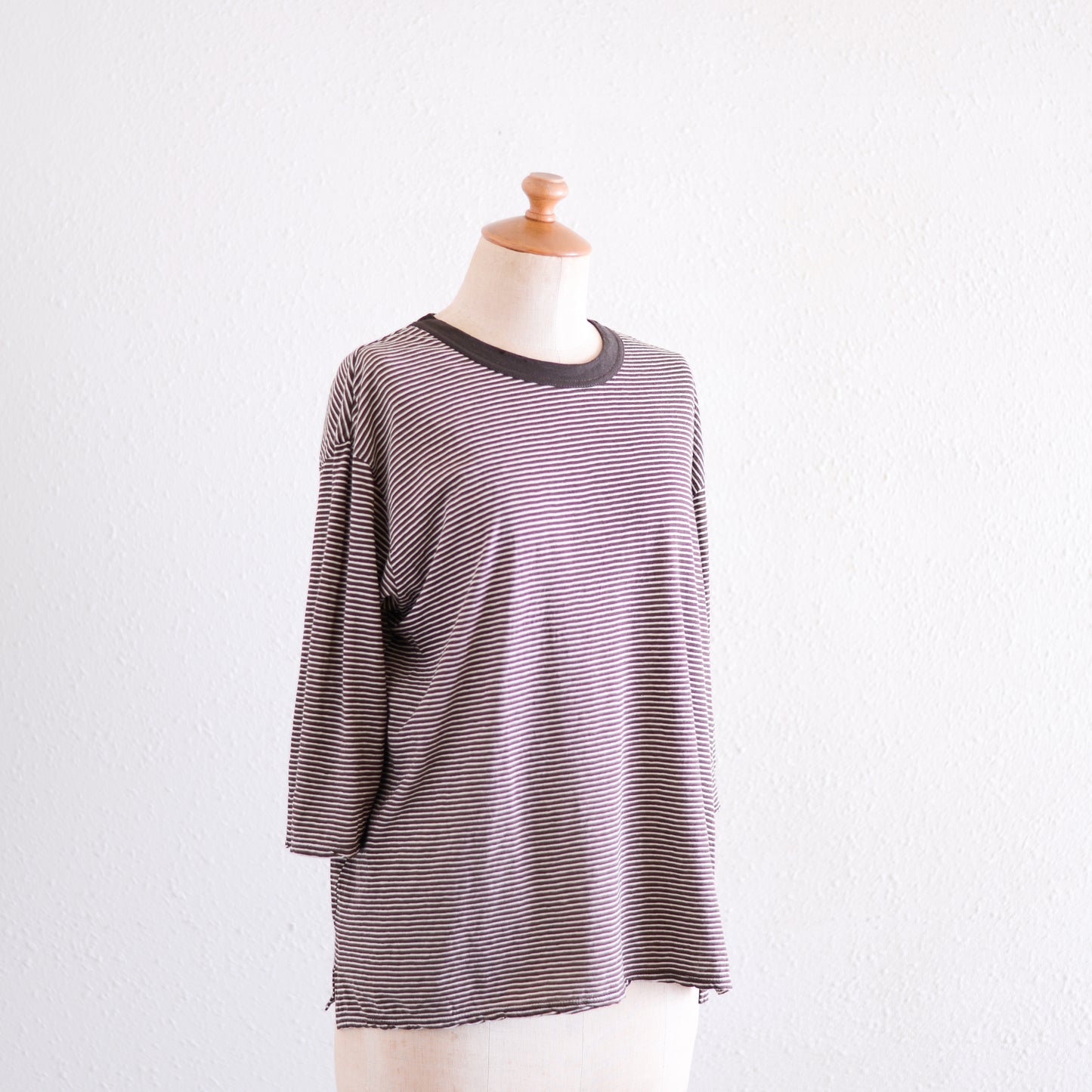コットンリネン七分袖ボーダーTシャツ Brown