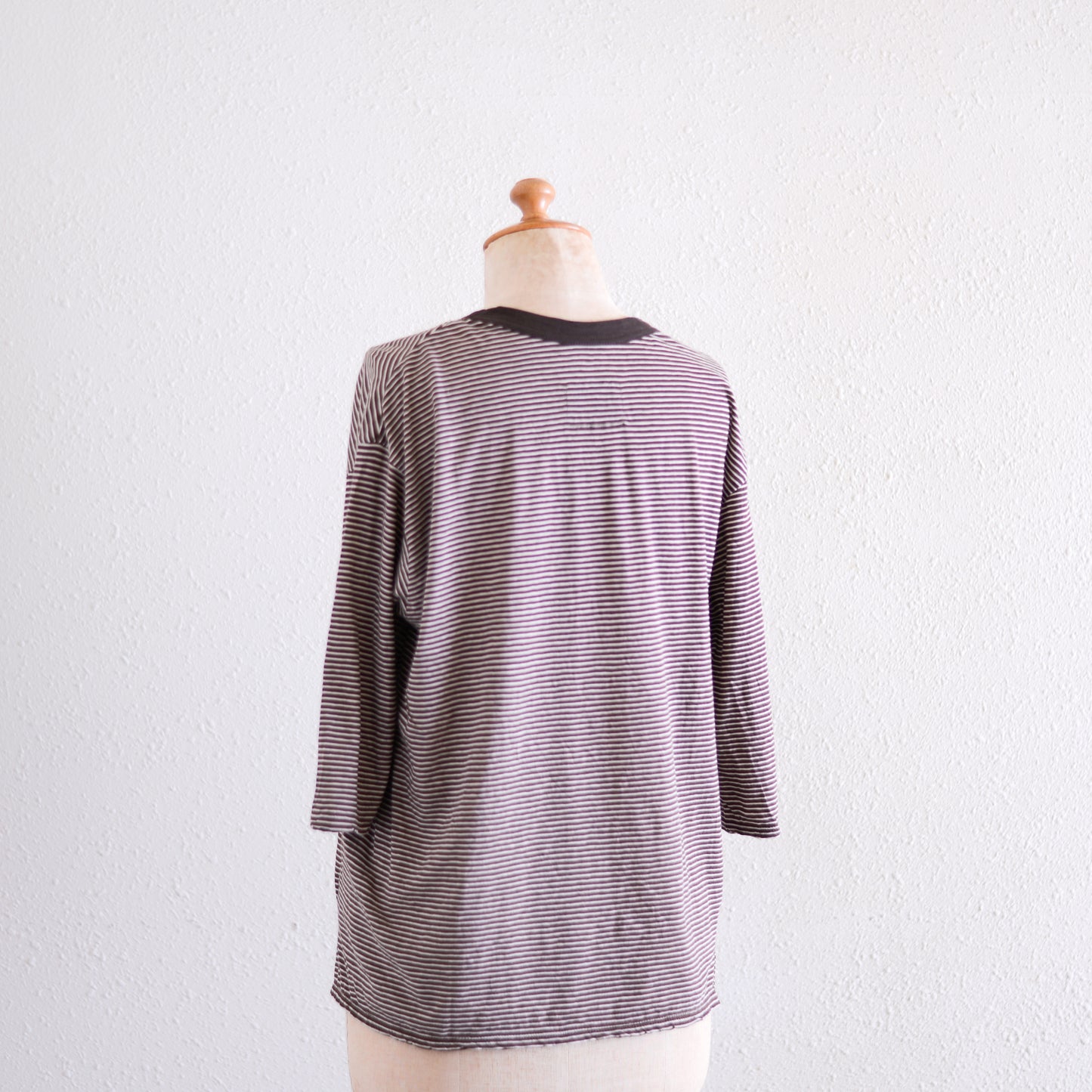 コットンリネン七分袖ボーダーTシャツ Brown