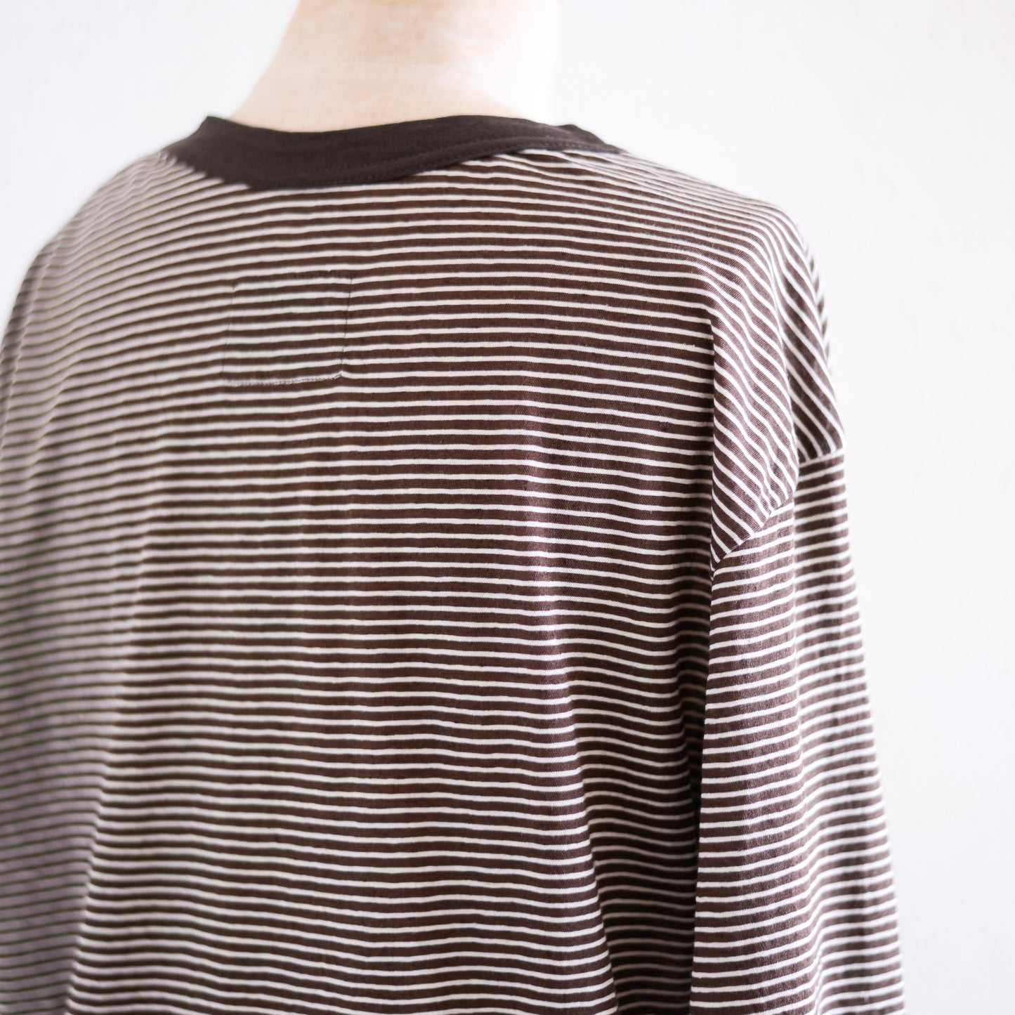 コットンリネン七分袖ボーダーTシャツ Brown