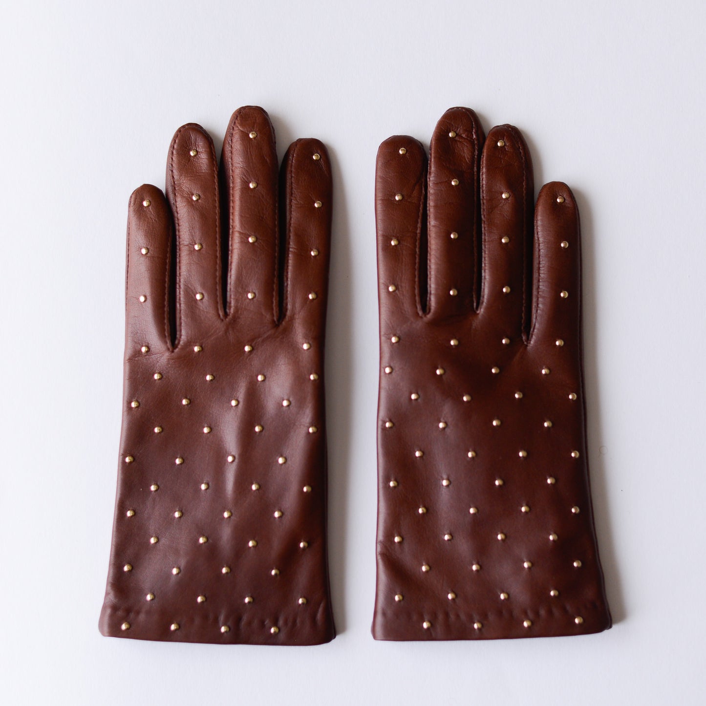 Silk-lined studded leather gloves, Brown