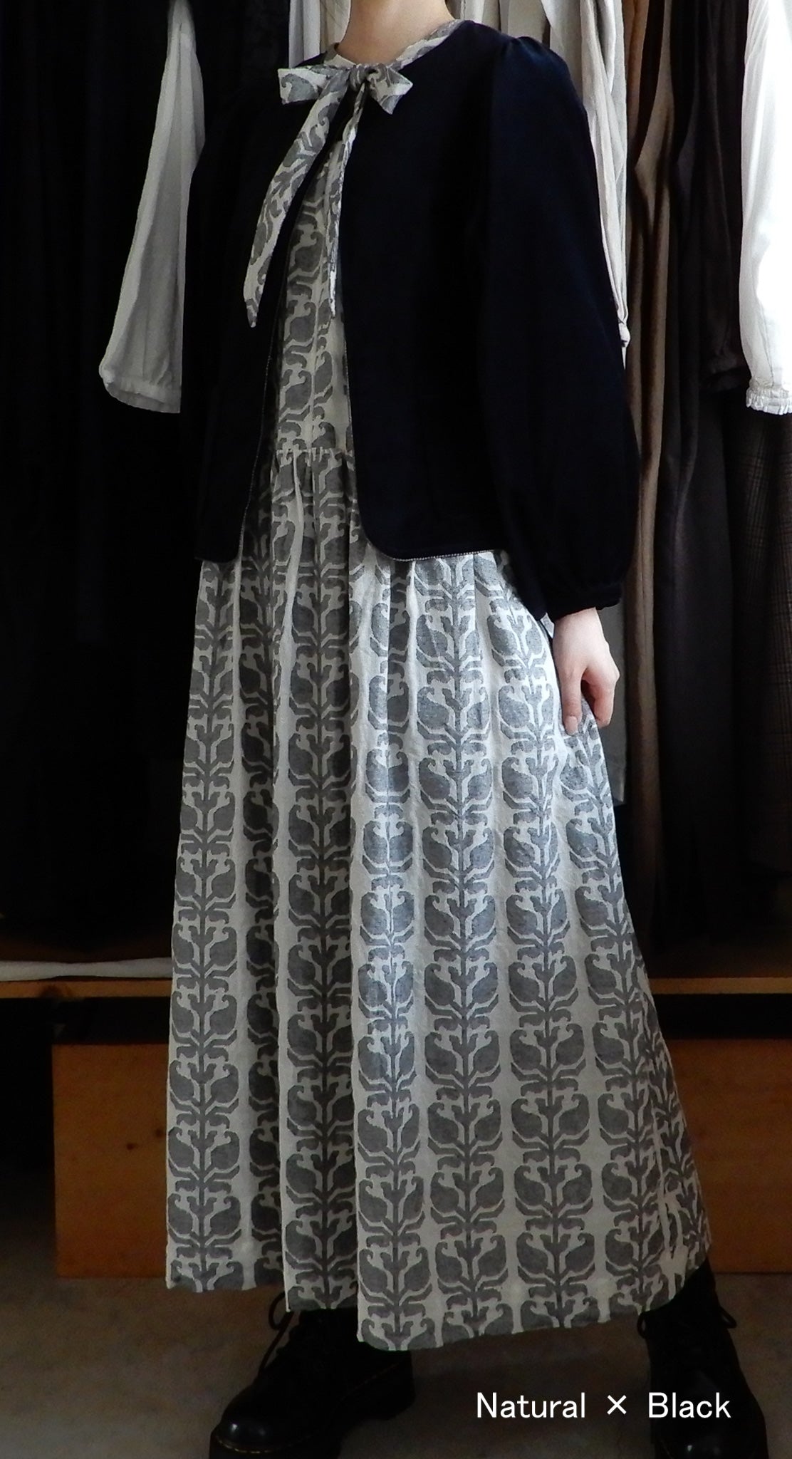 Cotton Jacquard Ribbon Dress, Natural x Black