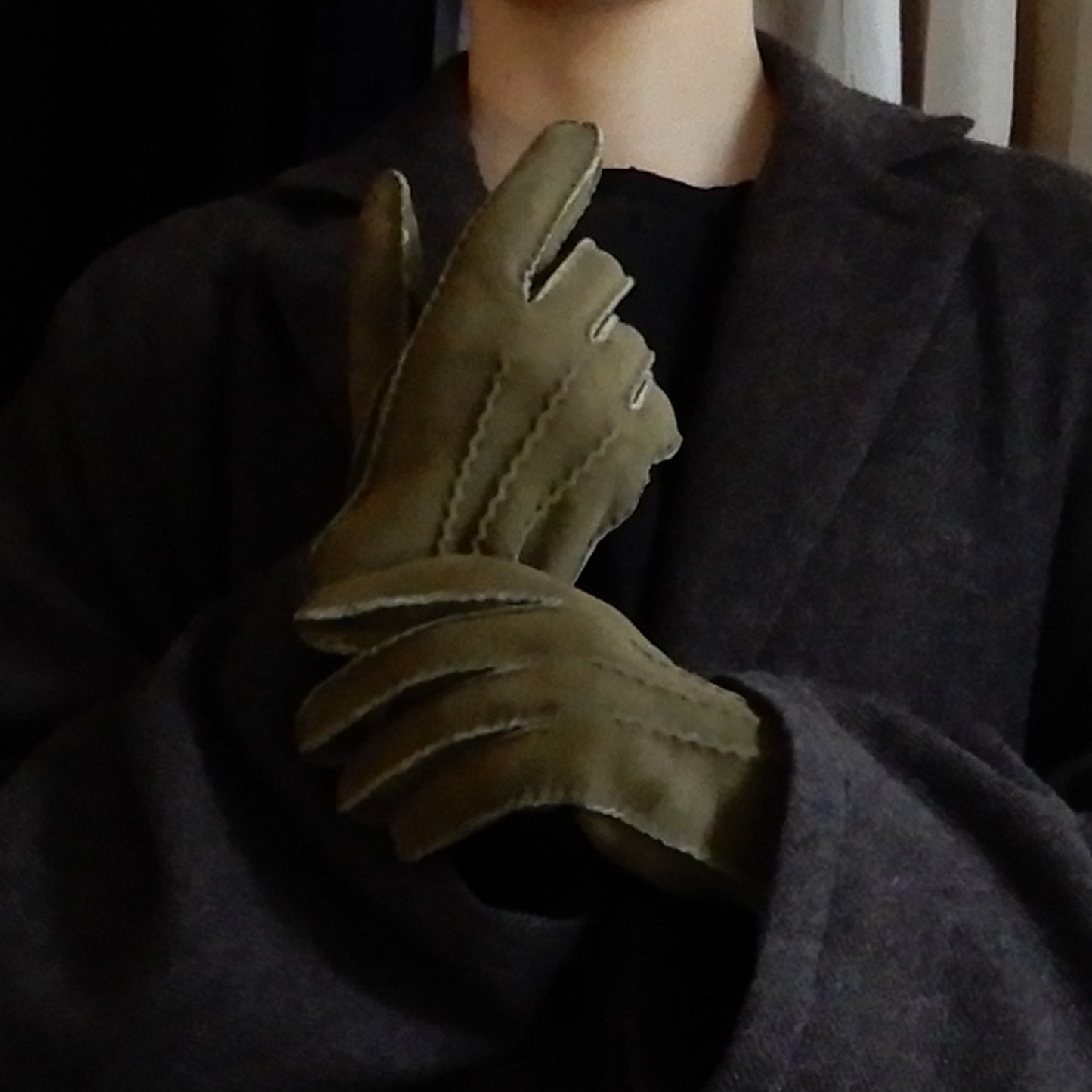 Khaki Curly Shearling Leather Gloves