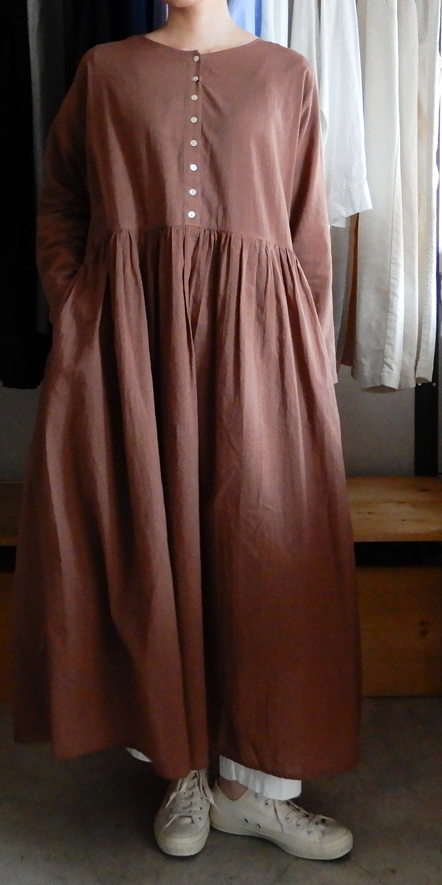 コットンリネン2ウェイギャザーワンピース Brown