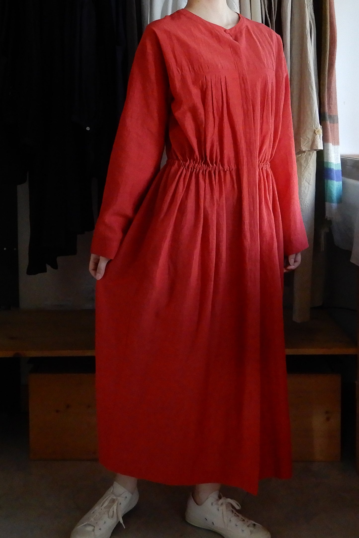 キュプラコットンリネンギャザーウエスト2ウェイワンピース Red