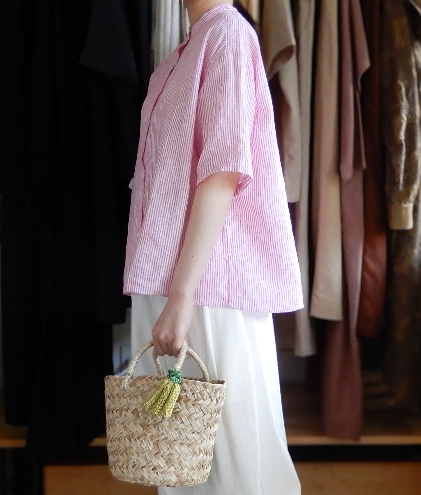 フレンチリネンストライプ半袖シャツ Off White × Pink