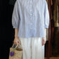 Cotton Linen Frill Collar 3/4 Sleeve Shirt Off White x Navy