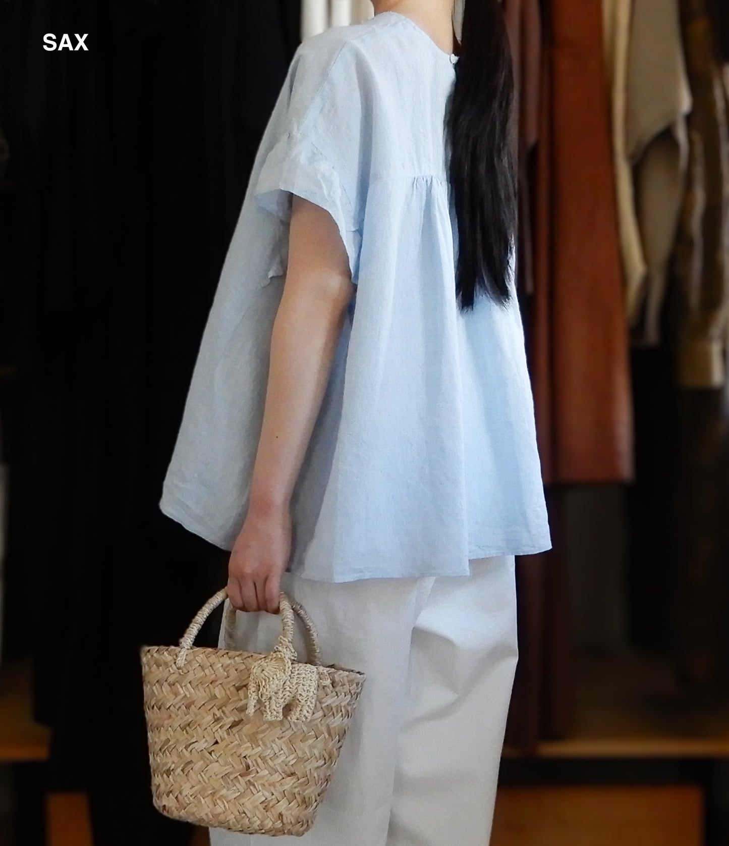 Linen Ramie Gathered Sleeve Blouse Beige