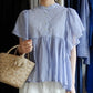 テンセルコットンストライプギャザーブラウス White ×Blue