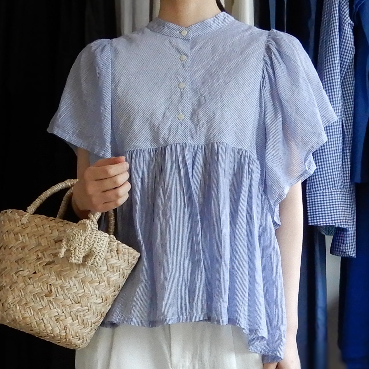 テンセルコットンストライプギャザーブラウス White ×Blue