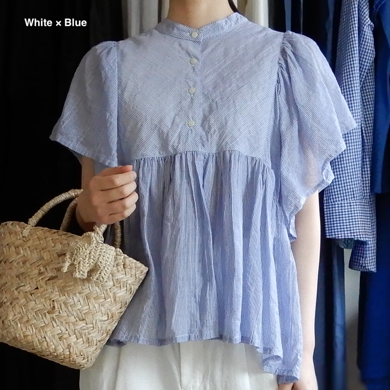 テンセルコットンストライプギャザーブラウス Navy ×Blue