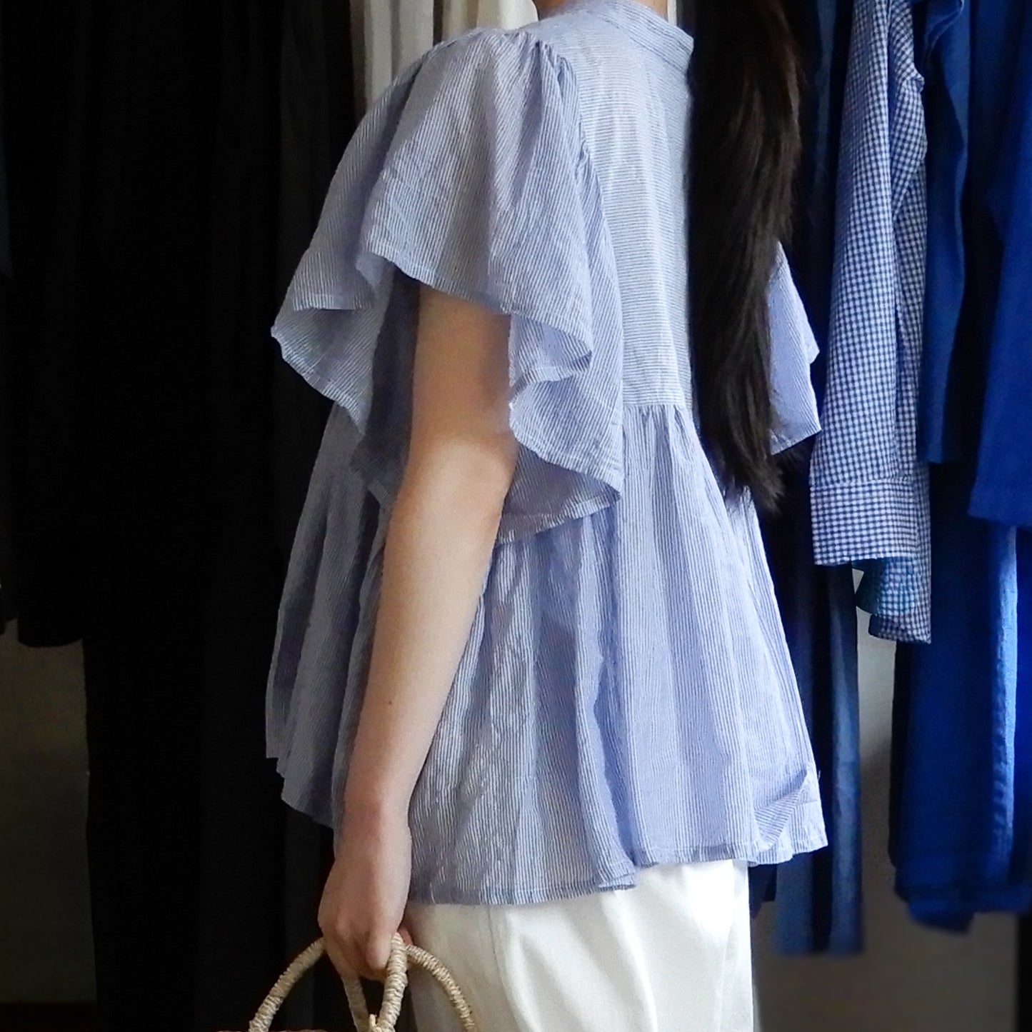 テンセルコットンストライプギャザーブラウス White ×Blue