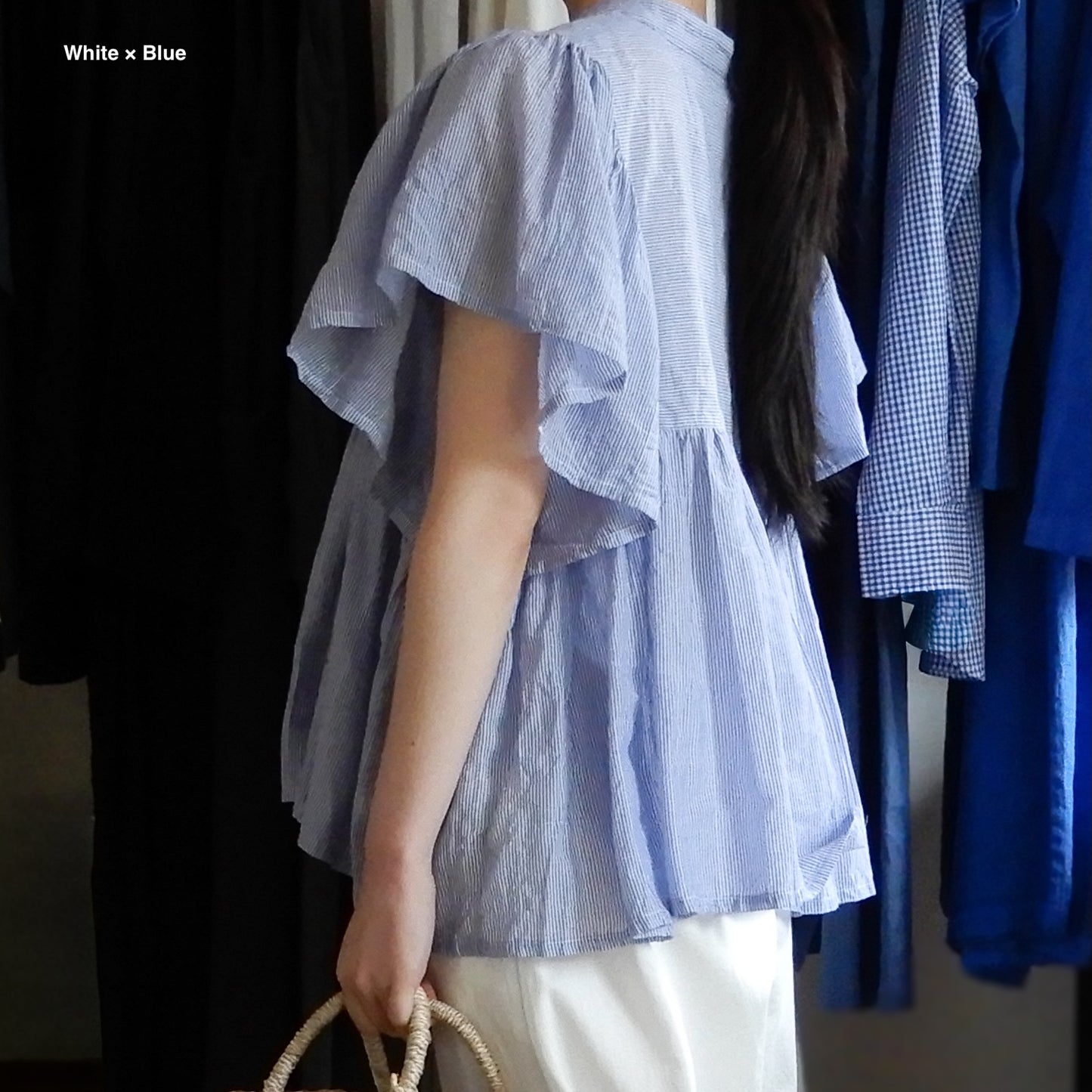 テンセルコットンストライプギャザーブラウス Navy ×Blue