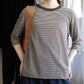 コットンリネン七分袖ボーダーTシャツ Brown