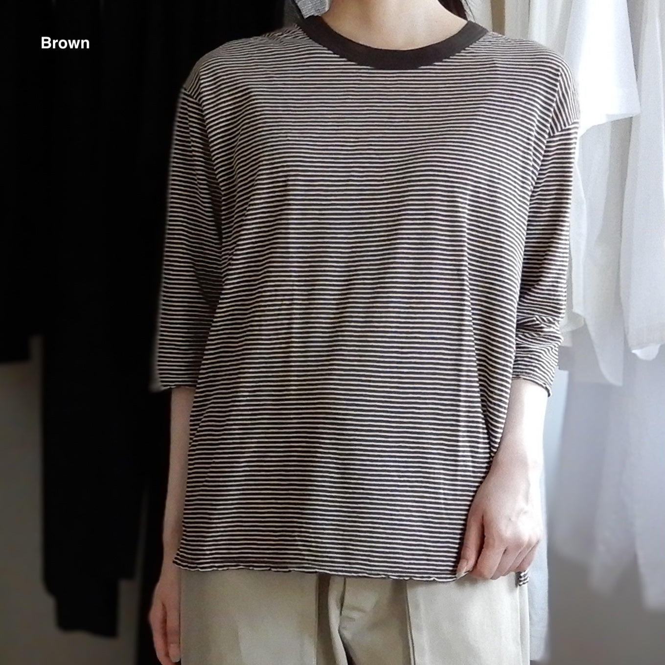 コットンリネン七分袖ボーダーTシャツ Black
