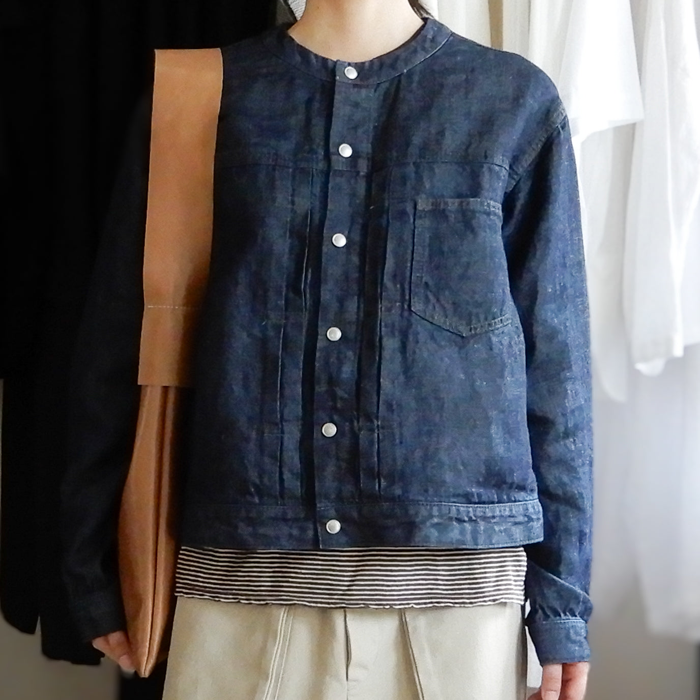 リネンデニムノーカラージャケット Indigo