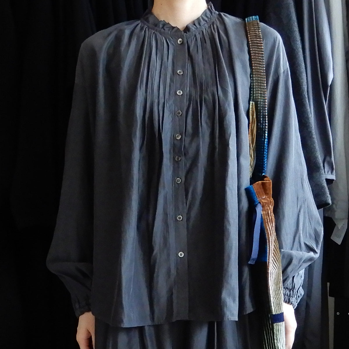 Cupra Cotton Stand-Collar Ruffle Blouse Charcoal Grey