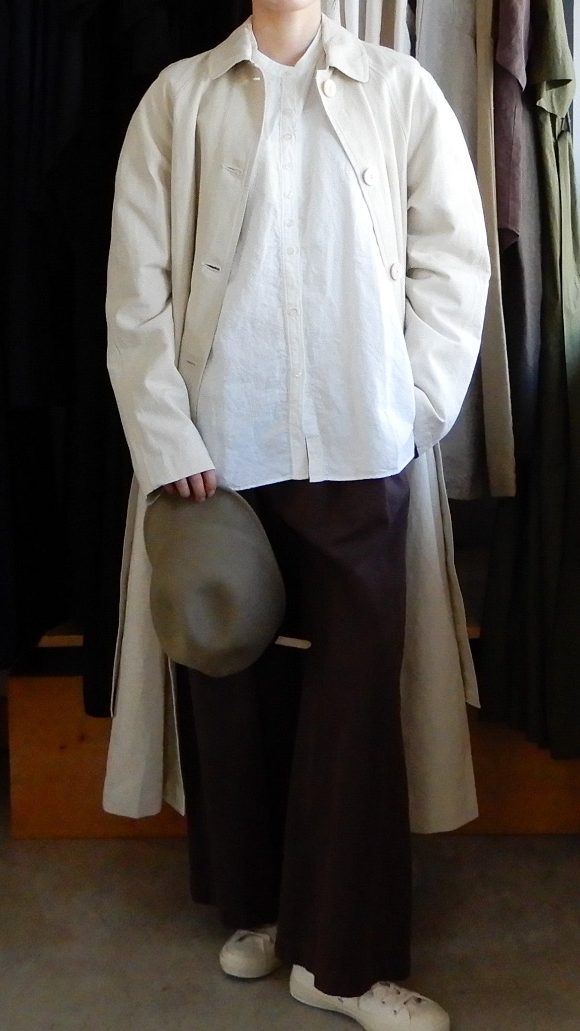 Linen cotton band collar shirt Off White