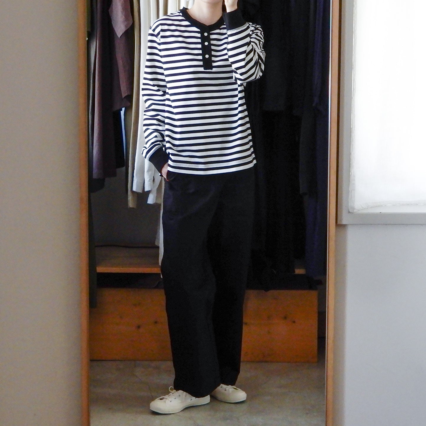 Cotton Striped Henley Neck Pullover Off White×Black