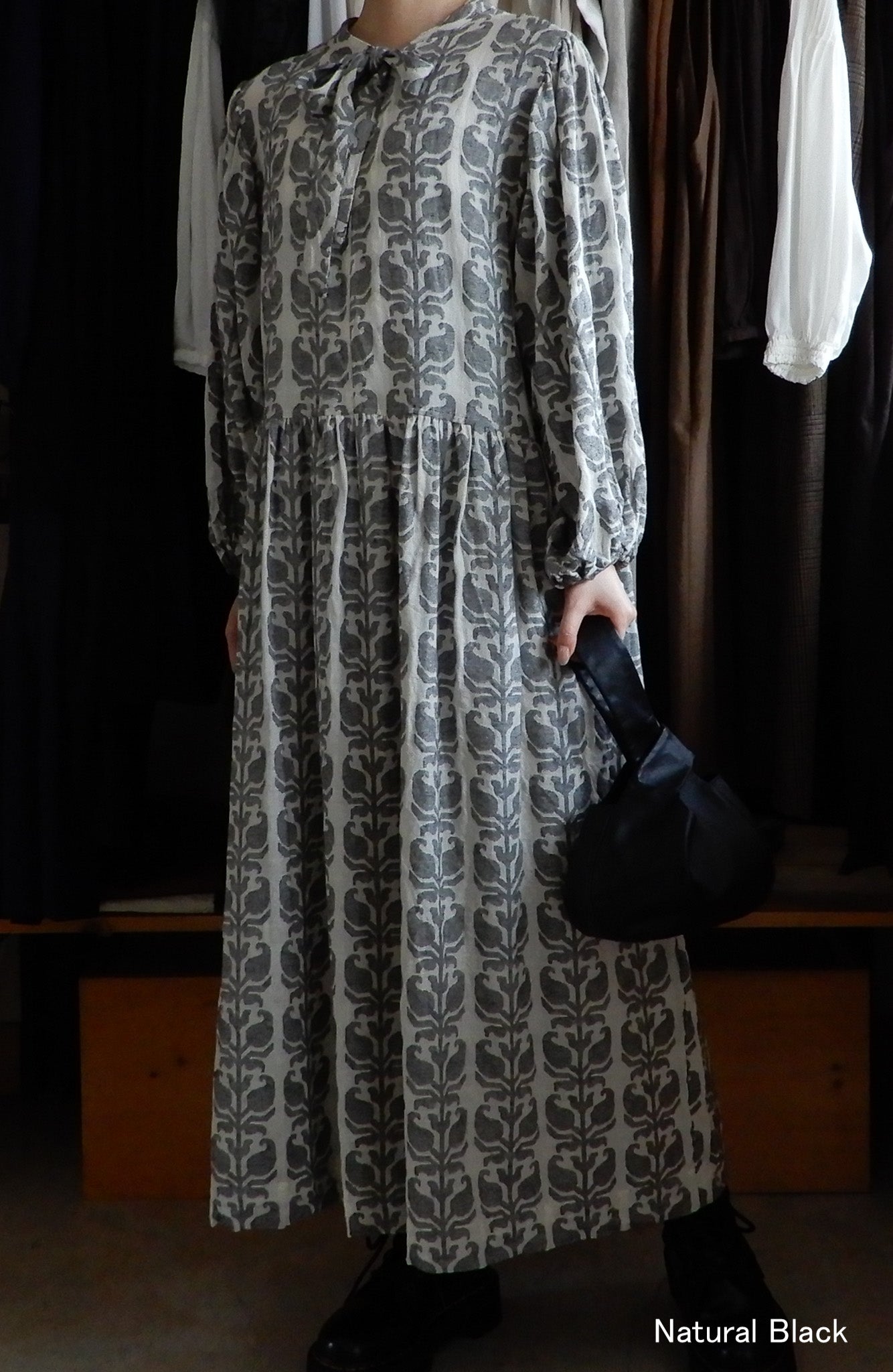 Cotton Jacquard Ribbon Dress, Natural x Black