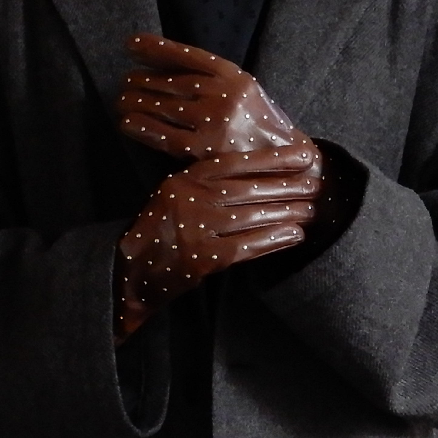 Silk-lined studded leather gloves, Brown