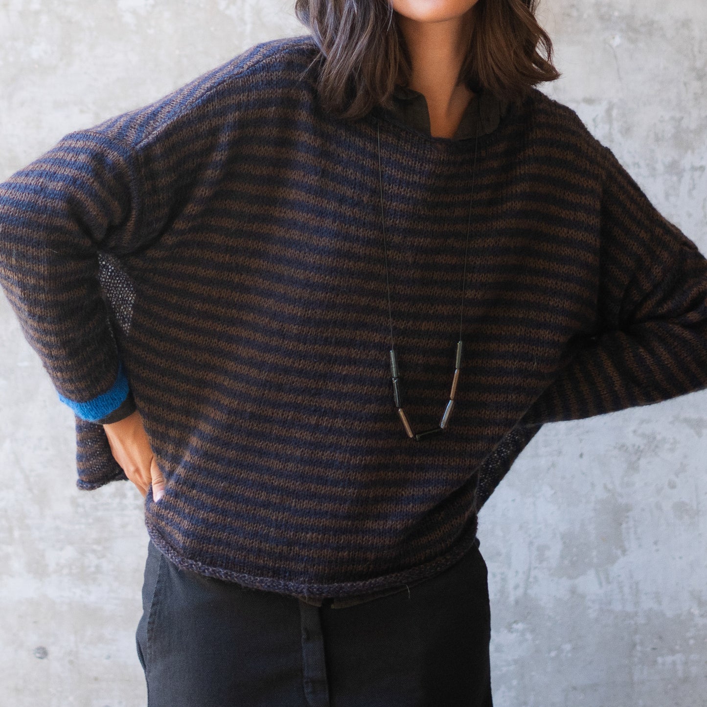 モヘアボートネックボーダーニット Brown × Black